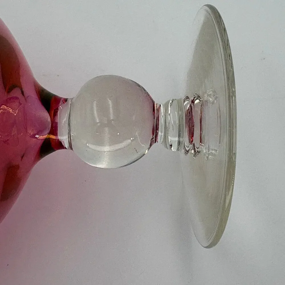 Vintage Cranberry Glass Pedestal Rose Bowl Vase, Etched Flower, Ruffled Rim 8